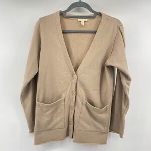Eileen Fisher Cardigan Womens XXS Tan French Terry Button Front Raw Hem Sweater